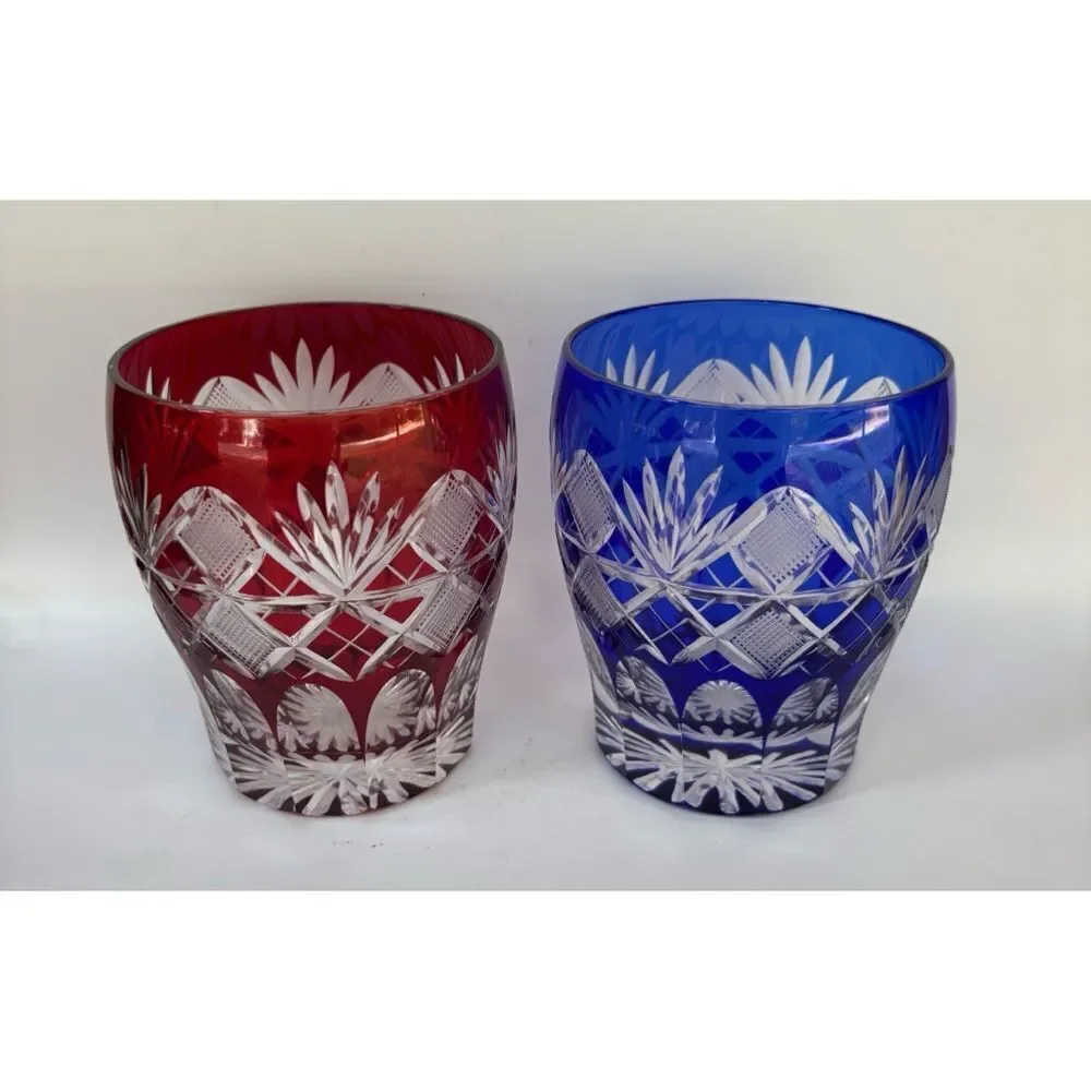 Pair of Edo Kiriko Glass Tumbler Cut to Clear in Ruby and Cobalt / Japan